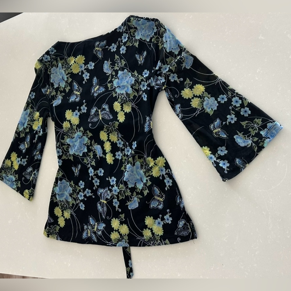 Apt 9 Bell Sleeve Black Tunic With Floral Accents and Butterflies - Picture 6 of 6